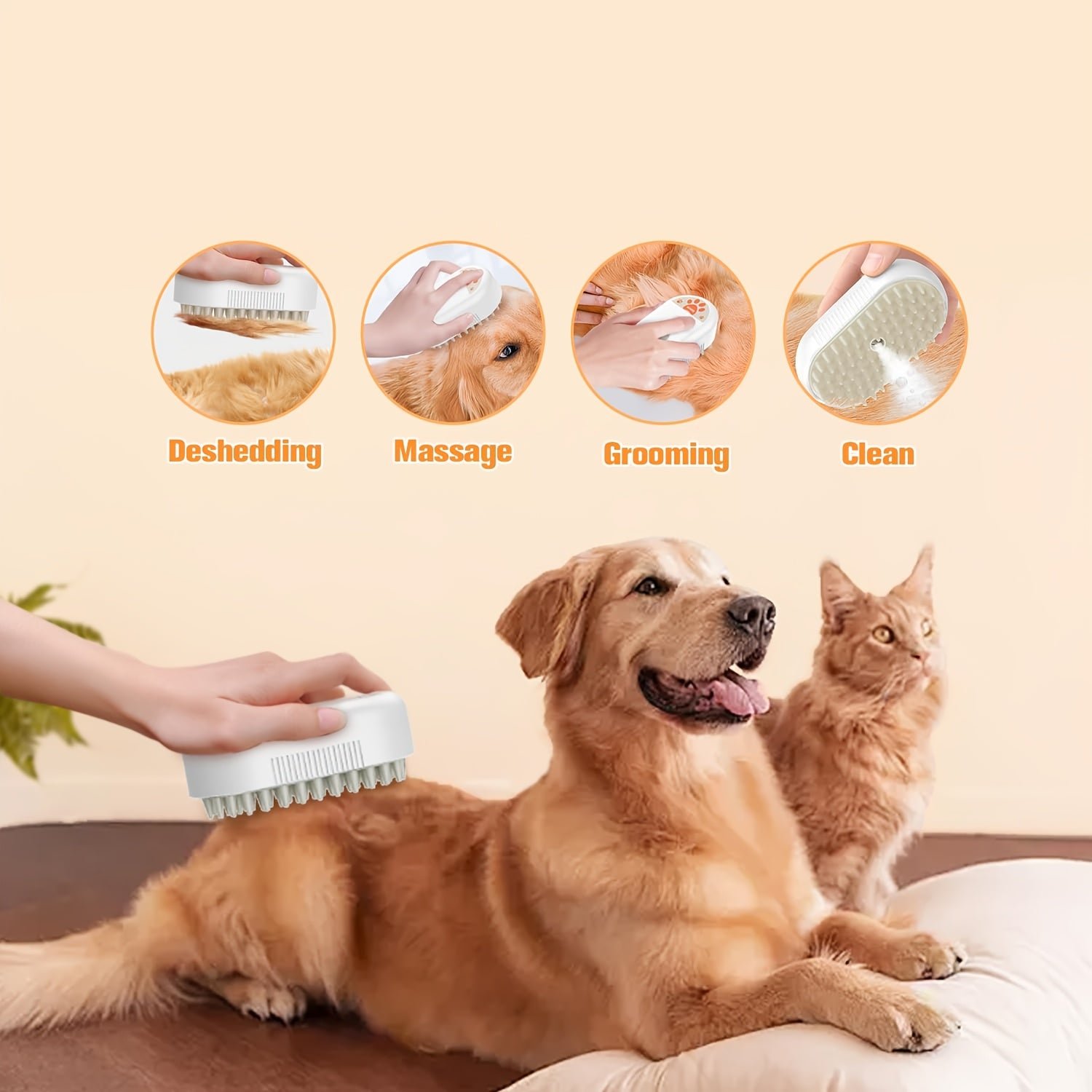 PetNest 4-in-1 Silicone Pet Grooming Brush - Massage, Mist & Self-Cleaning - product detail view