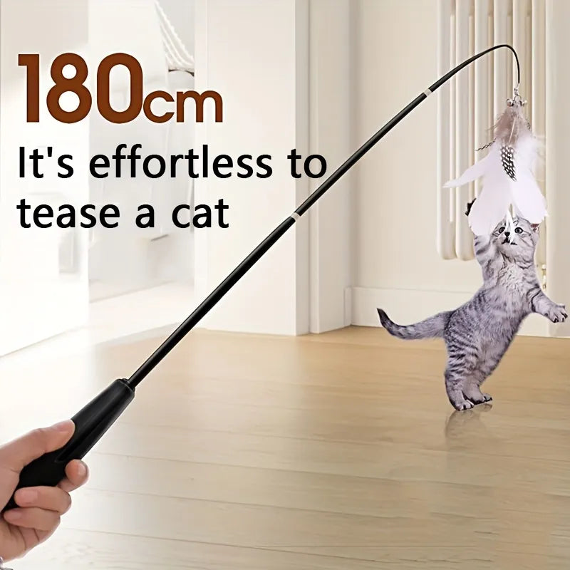 Telescopic Cat Wand Toy with Feathers & Bells - Retractable Interactive Teaser for Kittens & Adult Cats(F - main product view