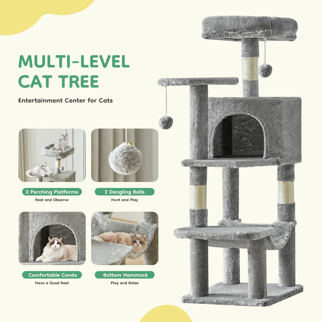 PetNest 44" Multi-Cat Climbing Tower with Sisal Scratching Posts, Hammock & Condo - main product view
